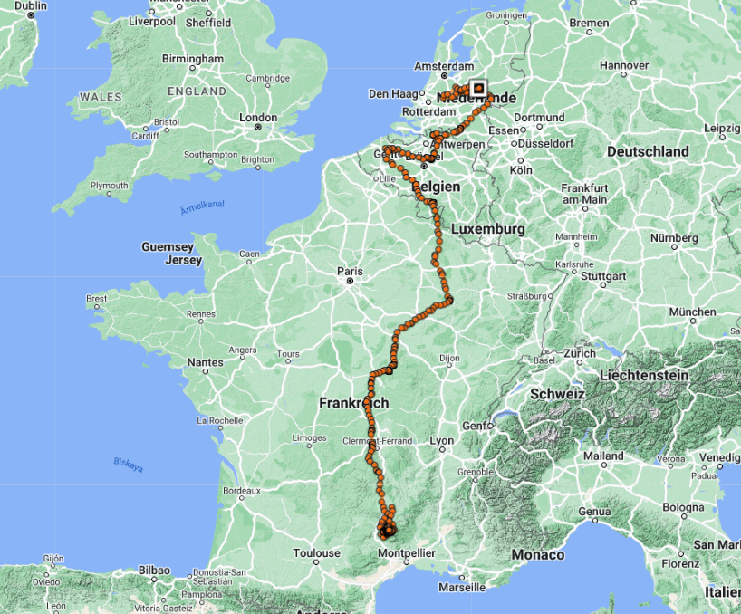Maps shows the GPS movements of the Bearded Vulture Eglazine travelling back to the Netherlands_VCF